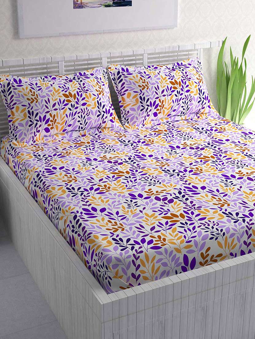 leaf 144 tc 100% cotton double bedsheet with 2 pillow covers