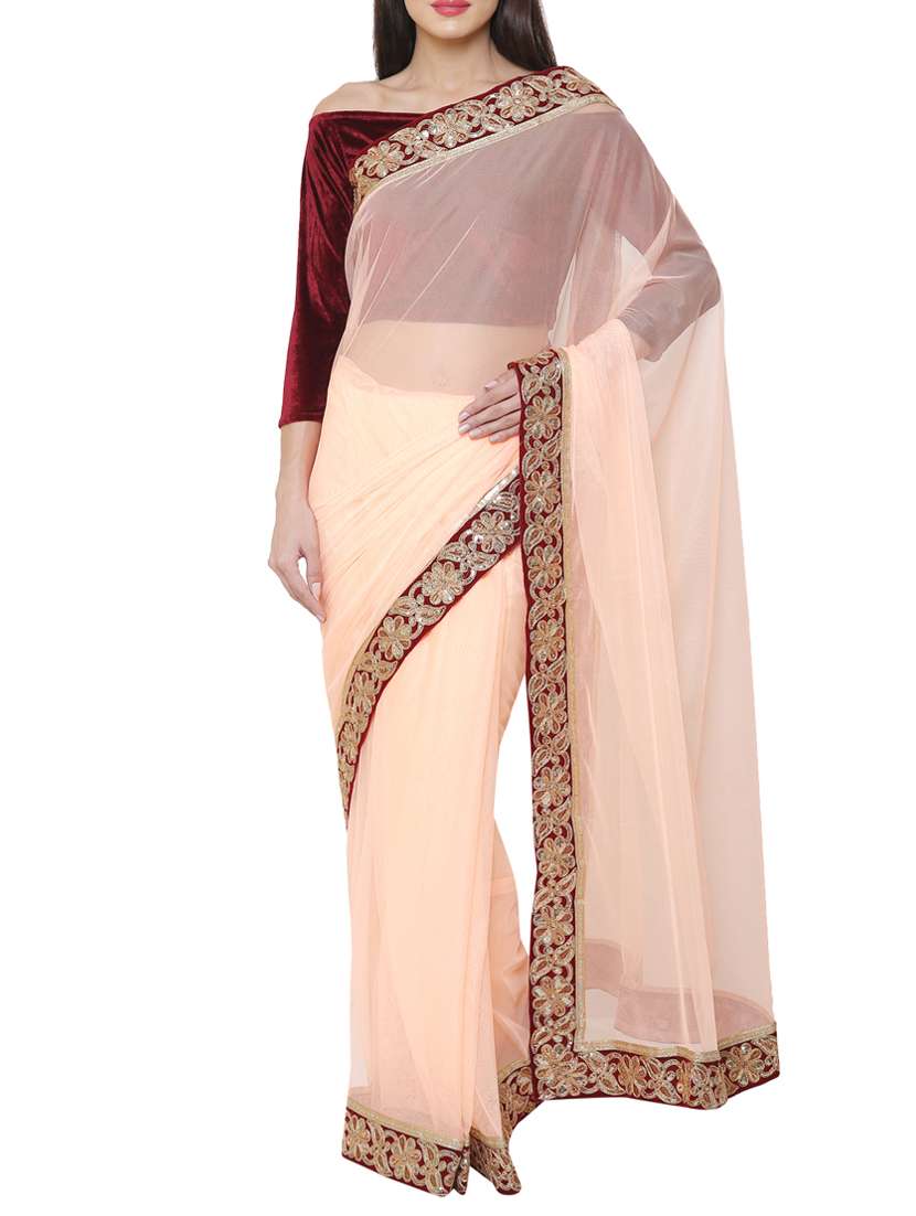 beige net bordered saree with blouse