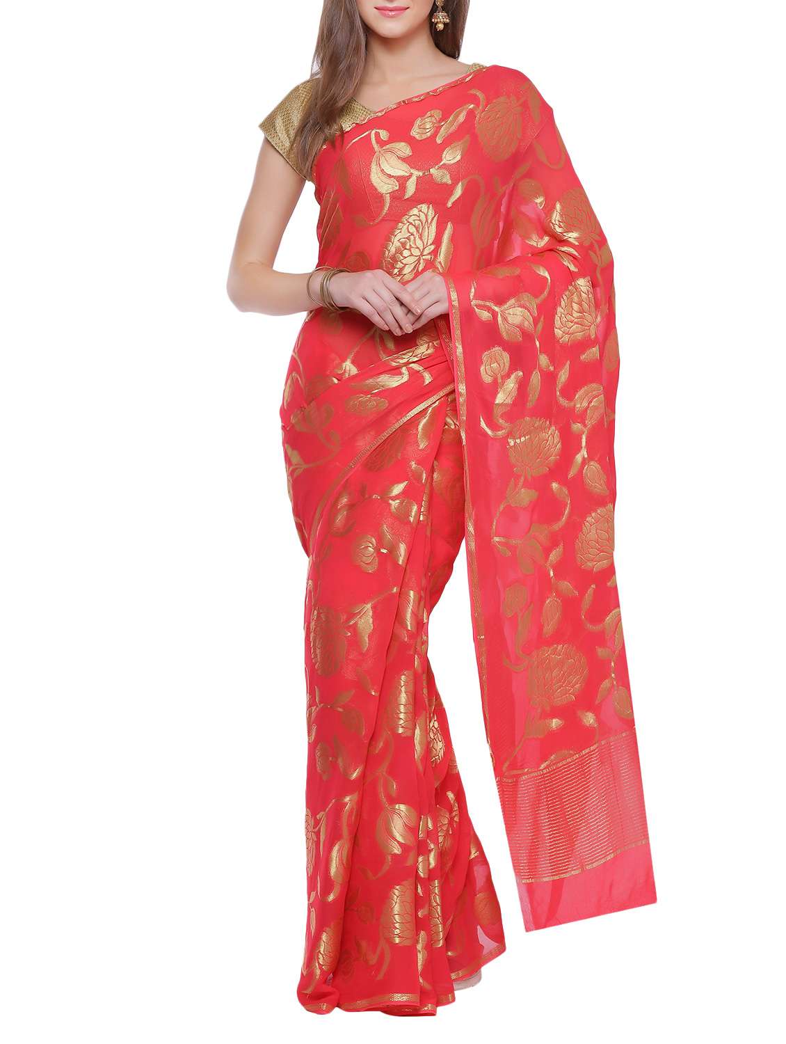 pink georgette woven saree with blouse