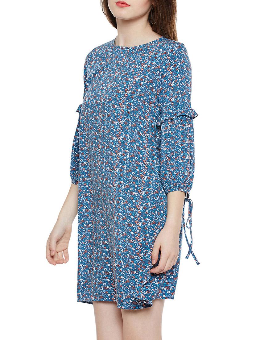 blue floral printed viscose a-line dress - 14349896 - Standard Image - 2