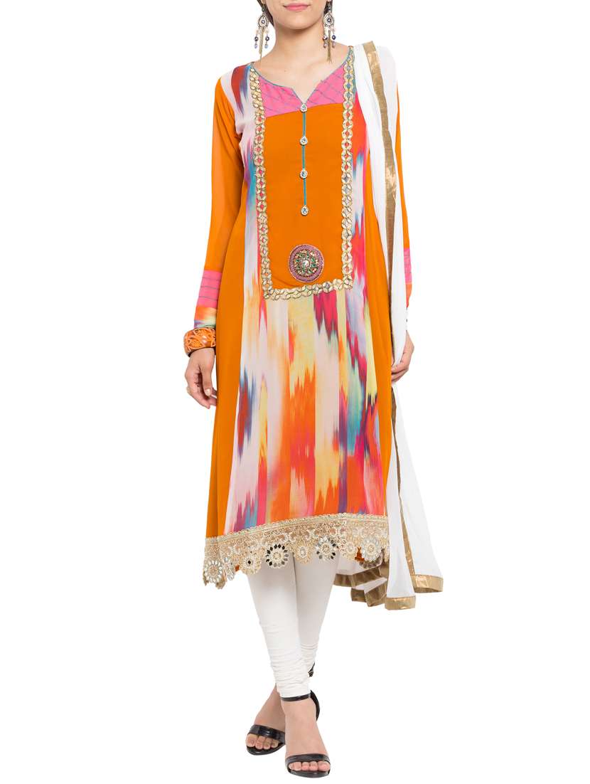 yellow printed stitched churidaar suit