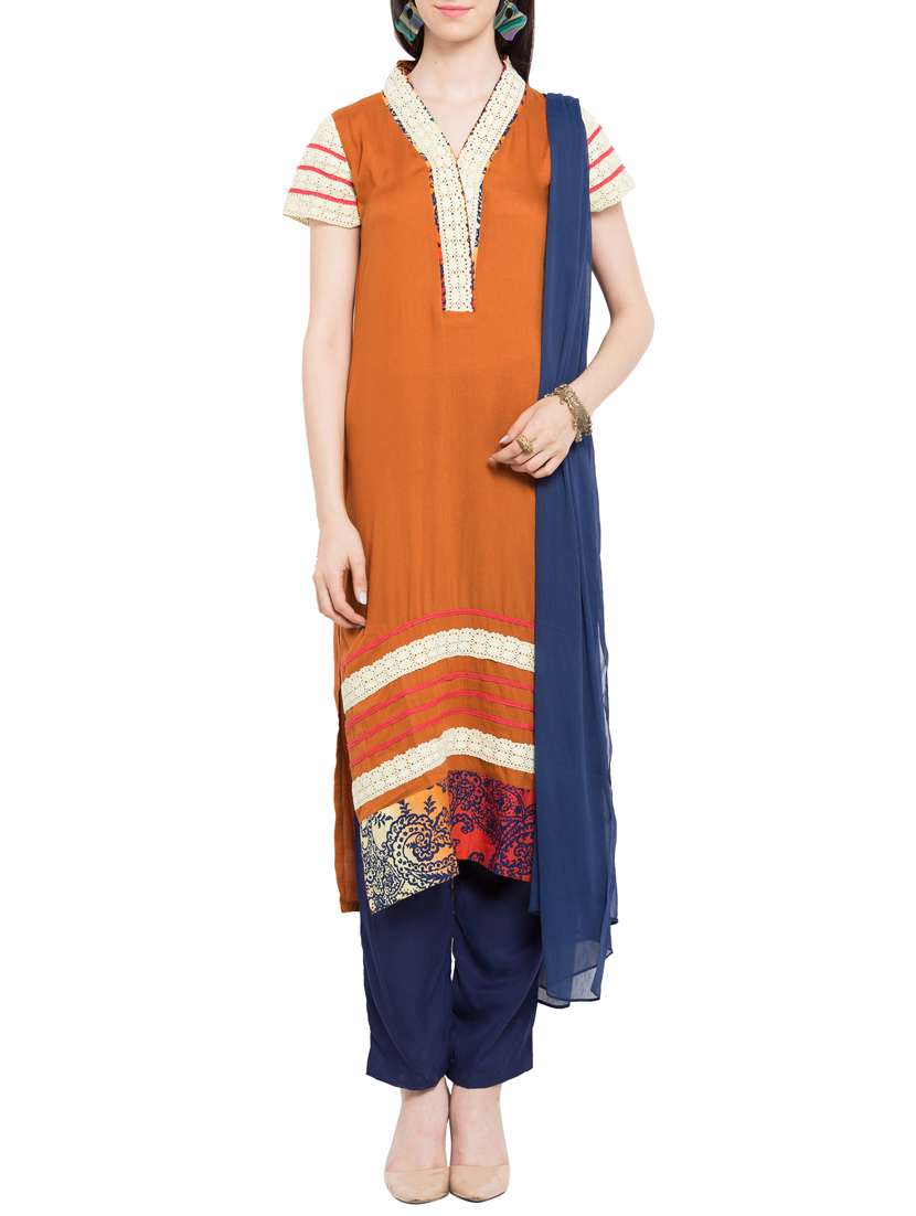 orange stitched straight pant suit