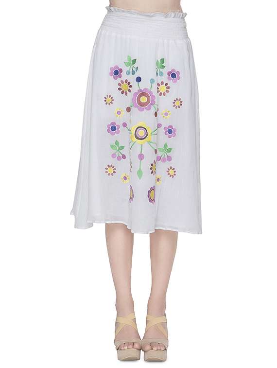 white floral embroidered cotton flared skirt