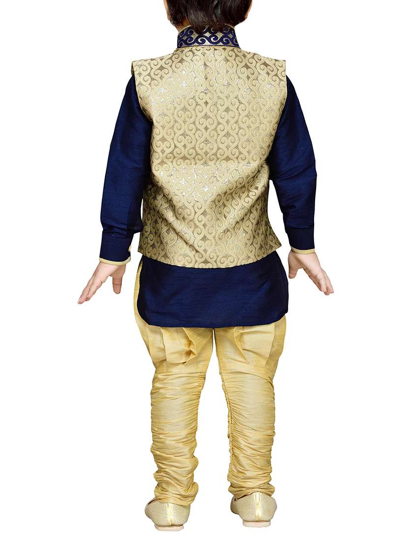 blue silk blend kurta, pyjama & waistcoat set - 14375251 - Standard Image - 2