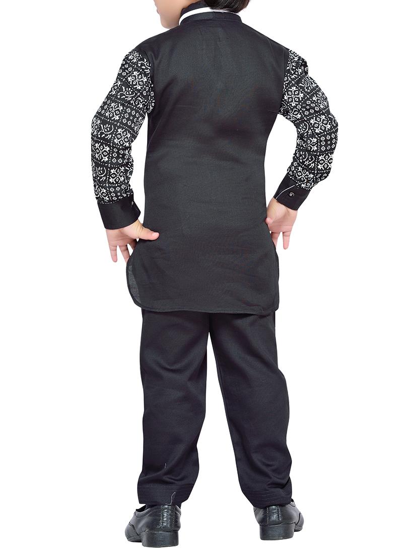 black cotton kurta, pyjama & waistcoat set - 14375265 - Standard Image - 2