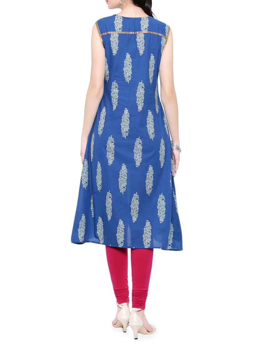 blue & turquoise cotton a-line kurta - 14377350 - Standard Image - 2