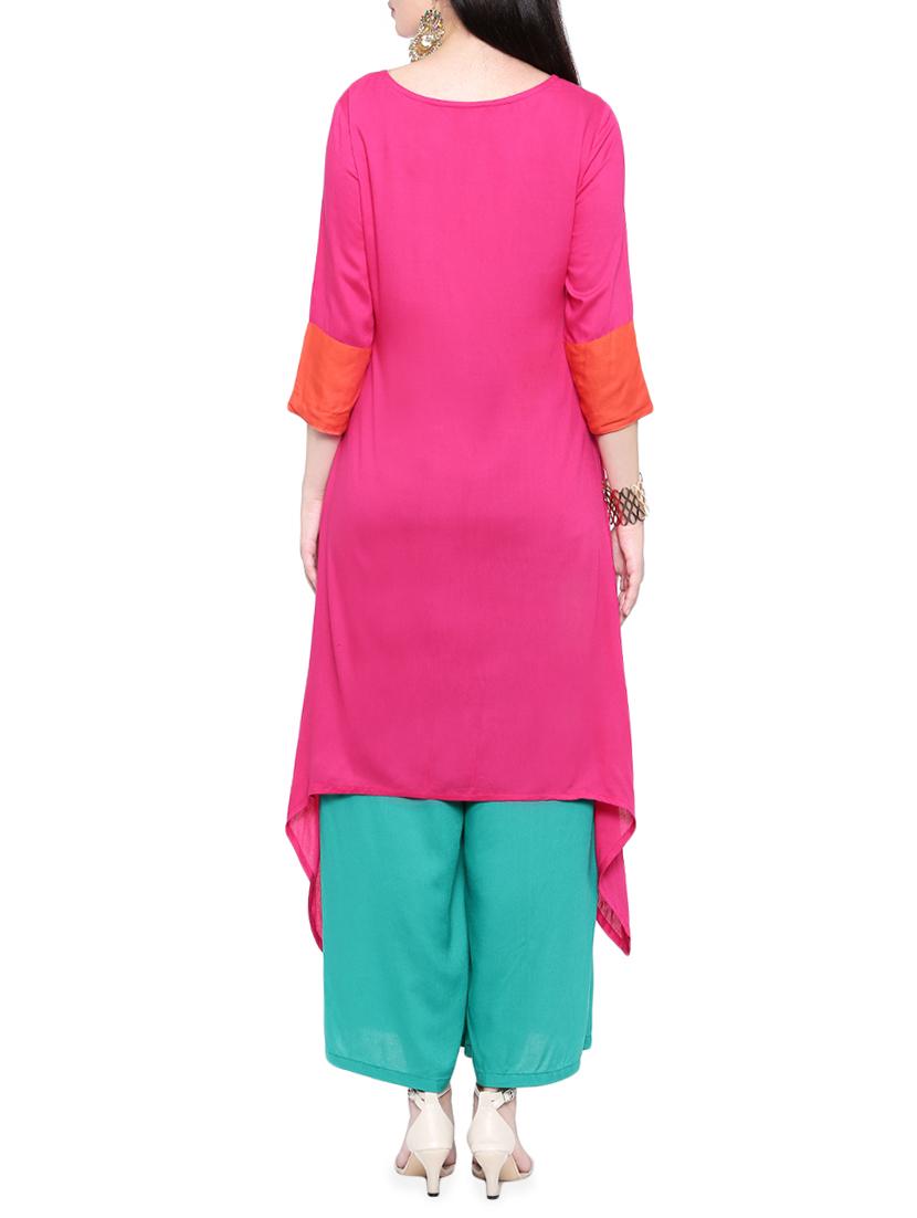 pink rayon asymmetric solid kurta - 14377386 - Standard Image - 2