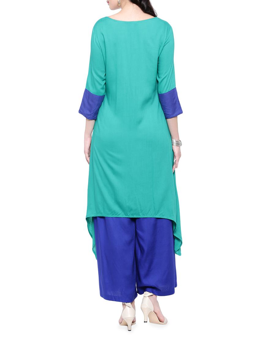 turquoise rayon asymmetric solid kurta - 14377387 - Standard Image - 2