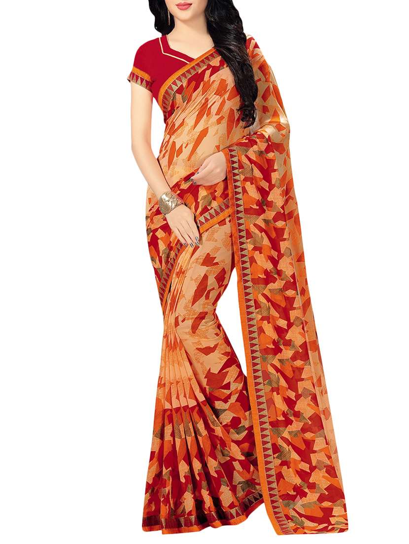 orange printed georgette saree with blouse