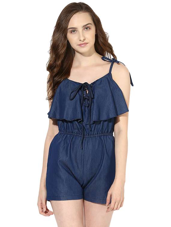 solid blue denim romper