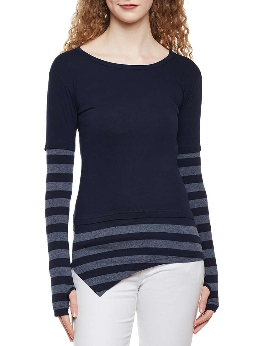 thumb hole sleeved striped tee 