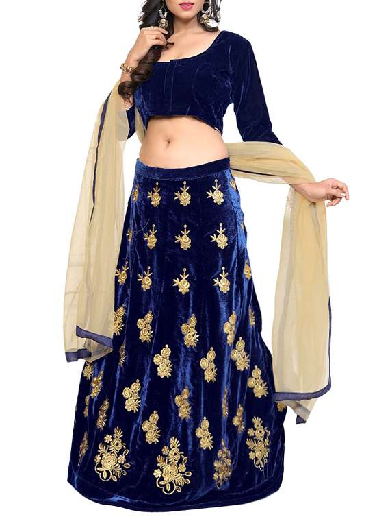 blue velvet embroidered semi-stitched panelled lehenga