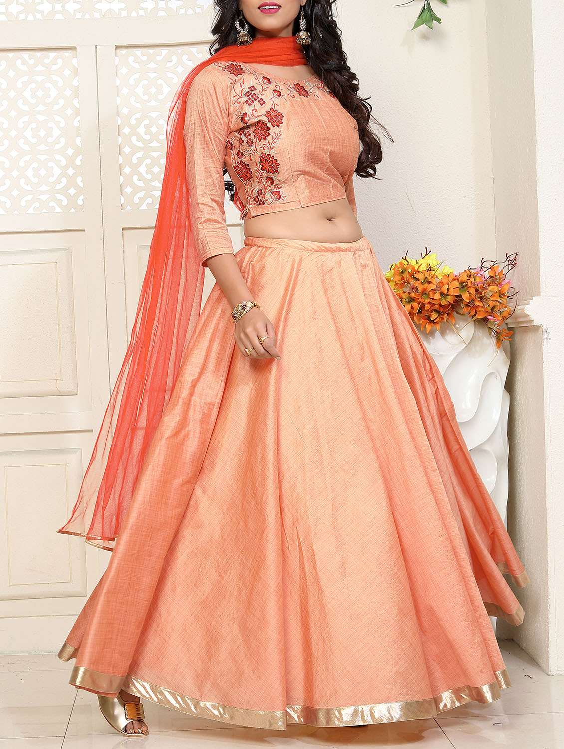 orange flared silk lehenga