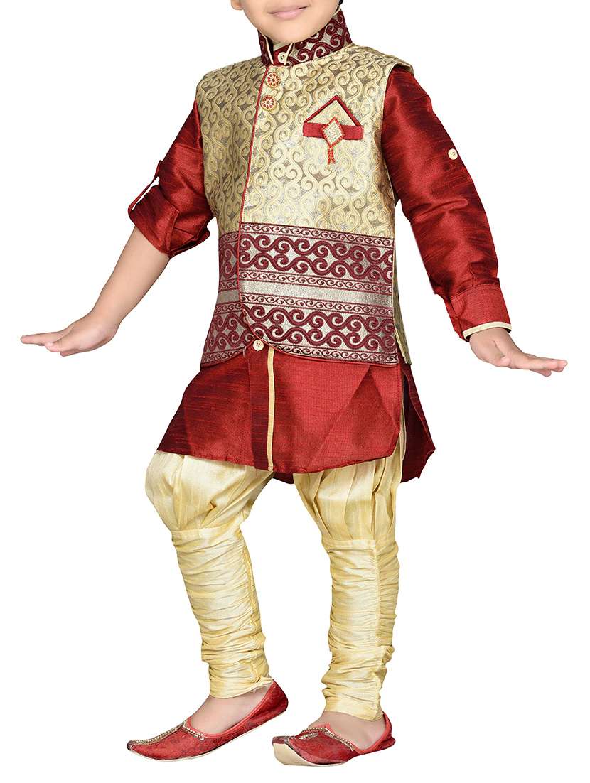 red silk blend sherwani set - 14397232 -  Standard Image - 2