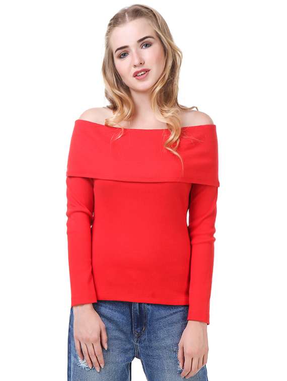 red cotton lycra off shoulder pullover