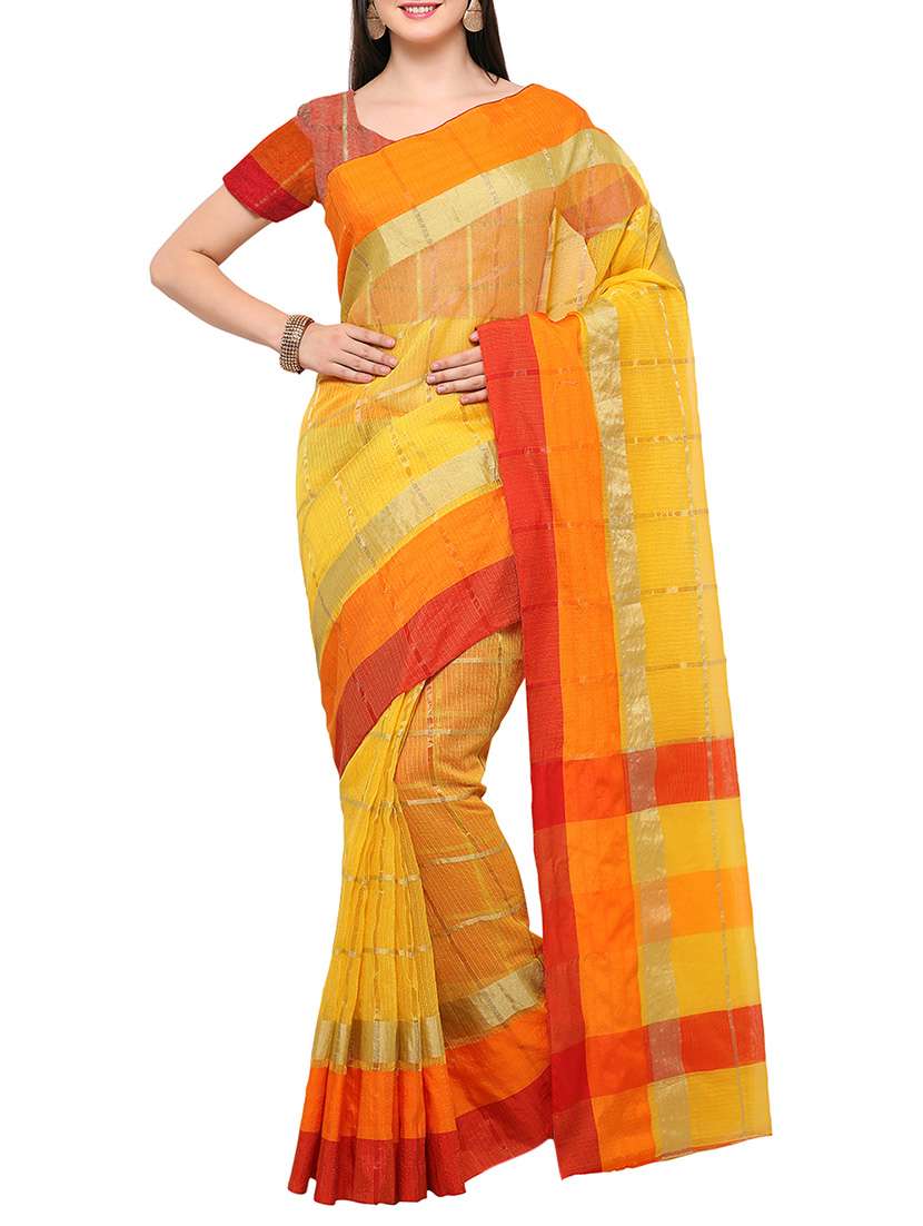 yellow poly linen woven saree with blouse