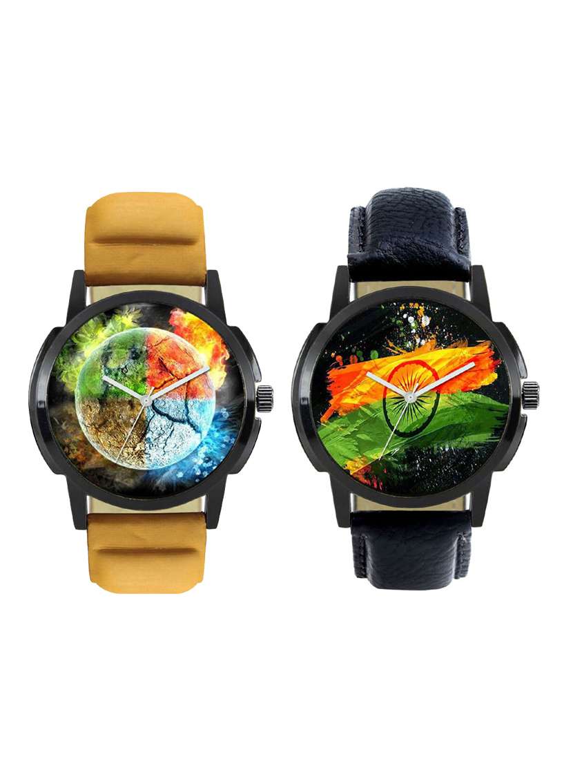 round analog dial leatherette strap watch combo