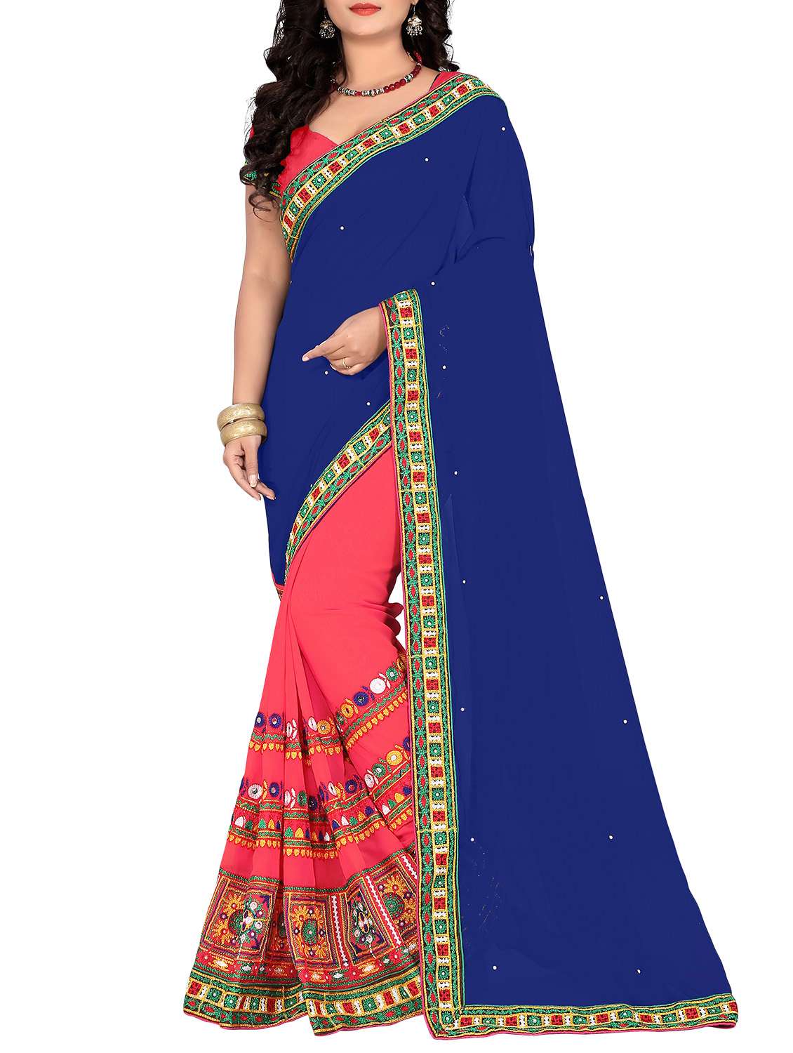 women's solid with work royal blue colored saree with blouse