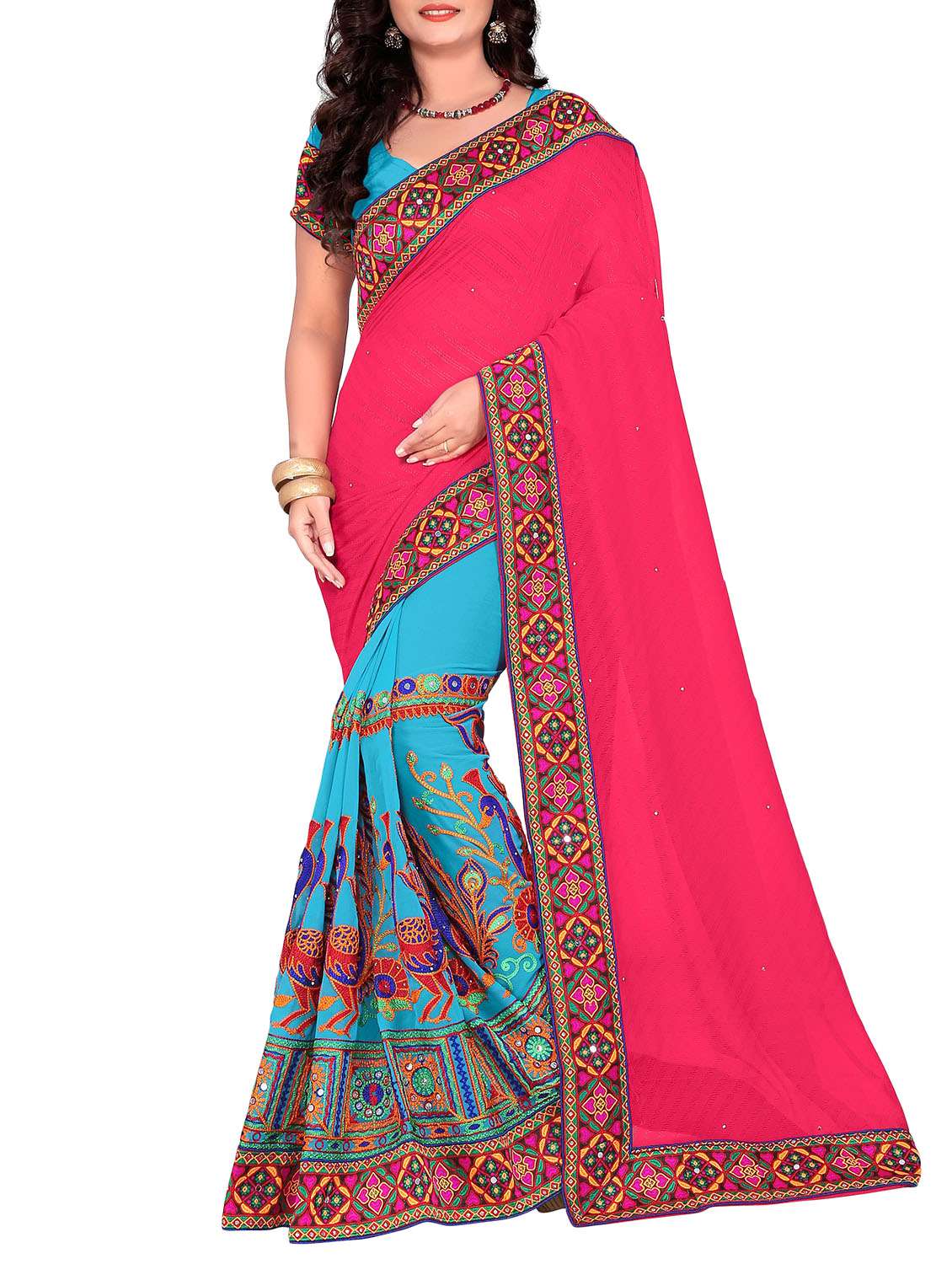 pink and blue half & half saree