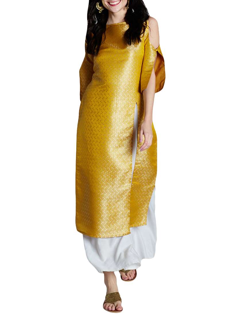 yellow silk high slit kurta