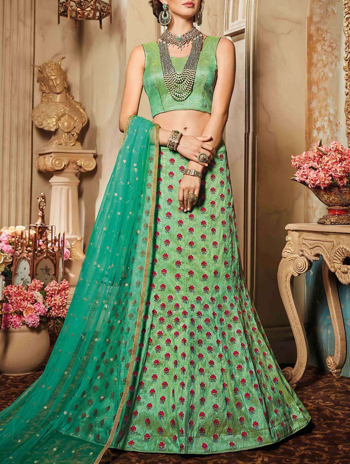 green raw silk embroidered fishtail lehenga