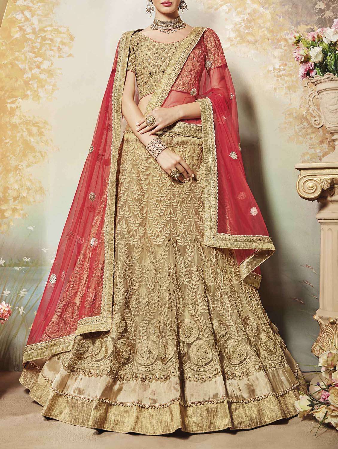 beige net embroidered panelled lehenga