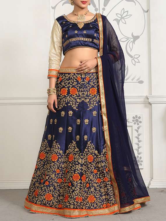 blue satin embroidered panelled lehenga