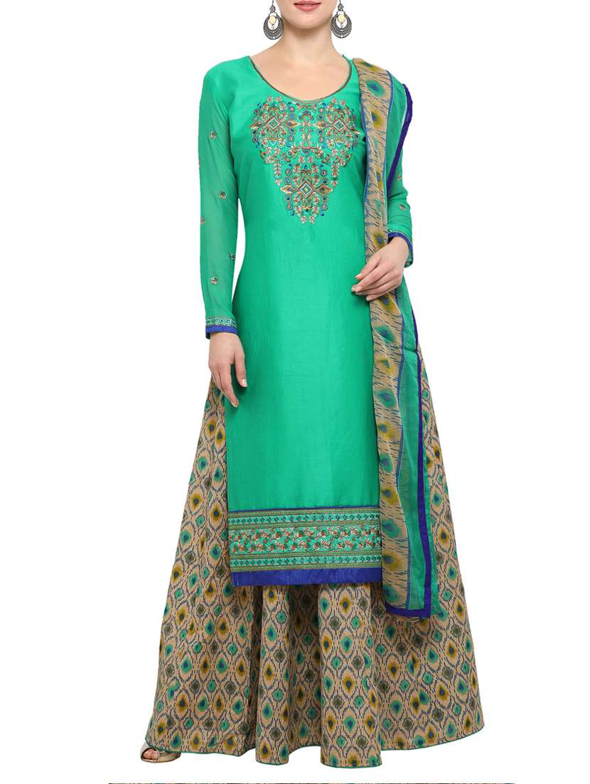 green cotton unstitched skirt suits