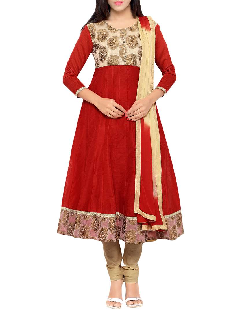red chanderi cotton unstitched suit
