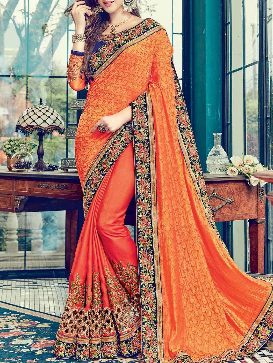 orange silk embroidered saree with blouse