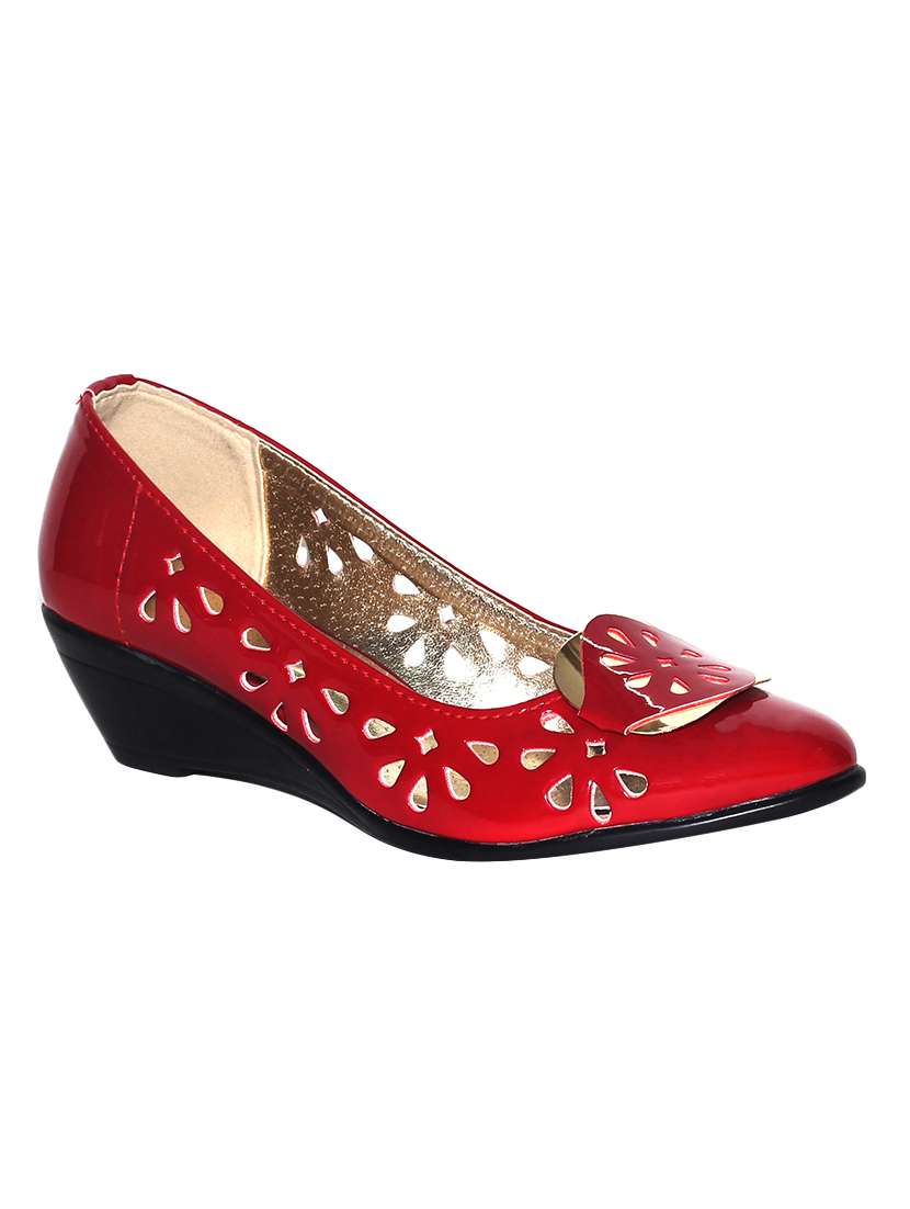 red leatherette wedges