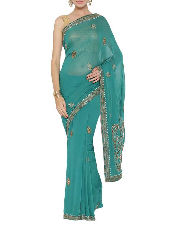 sea green embroidered saree with blouse
