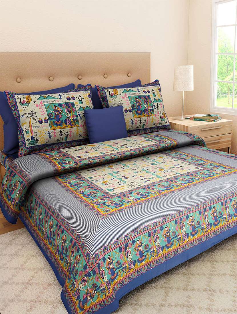 pure cotton rajasthani traditional double bed sheet  with 2 pillow covers