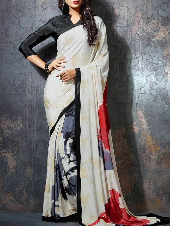 white printed saree with blouse