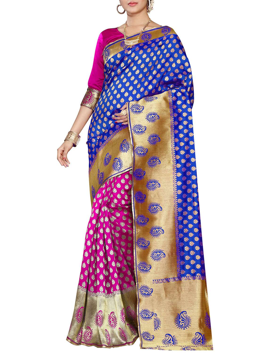 blue cotton silk banarasi saree with blouse