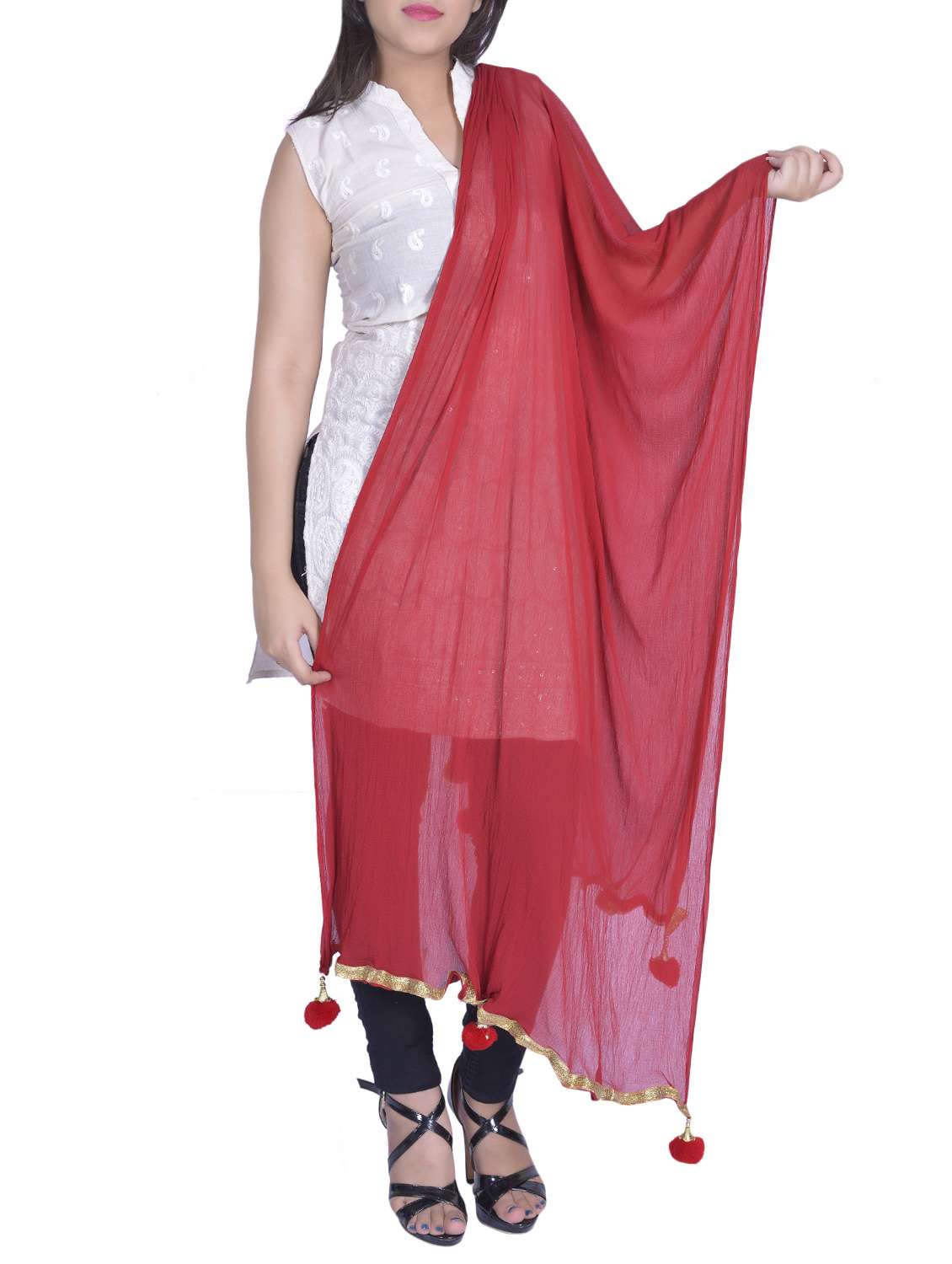 red chiffon plain gota patti dupatta