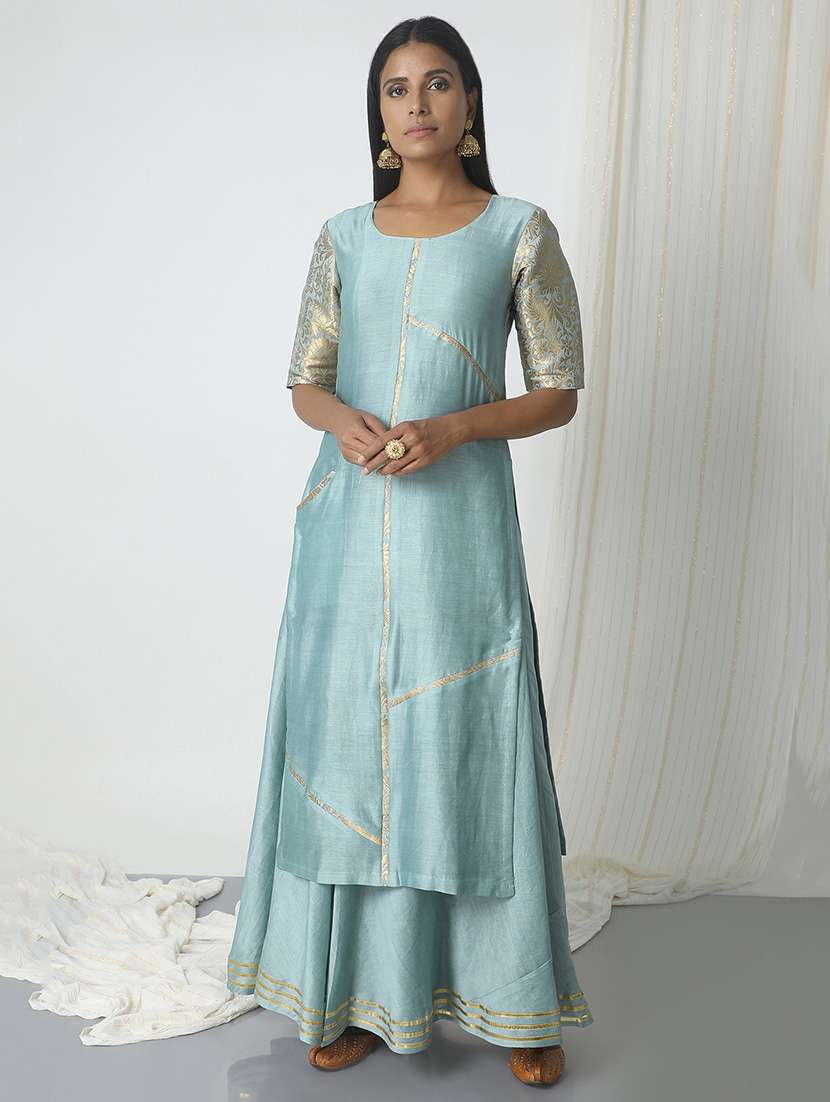 truebrowns grey pure chanderi kurta with brocade sleeves