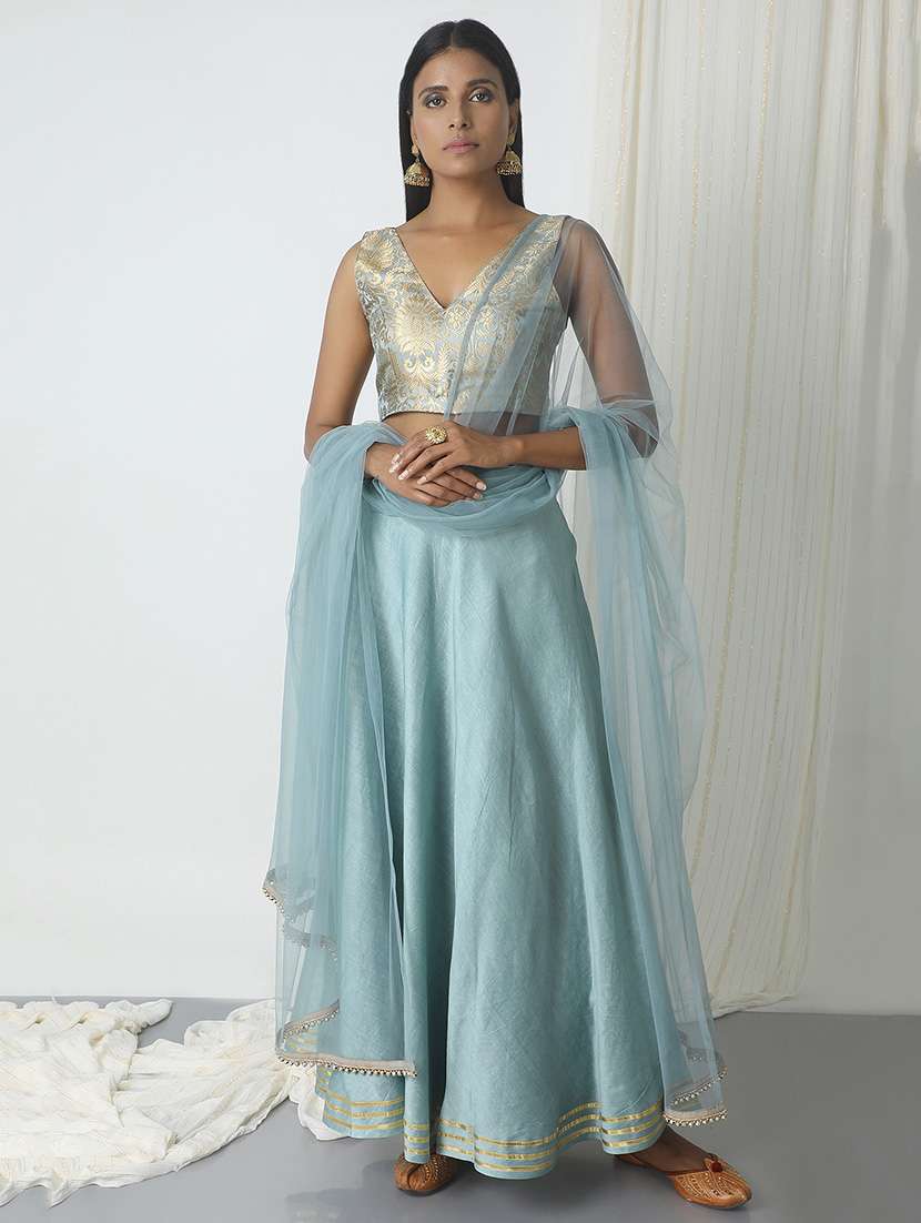 blue chanderi flared lehenga