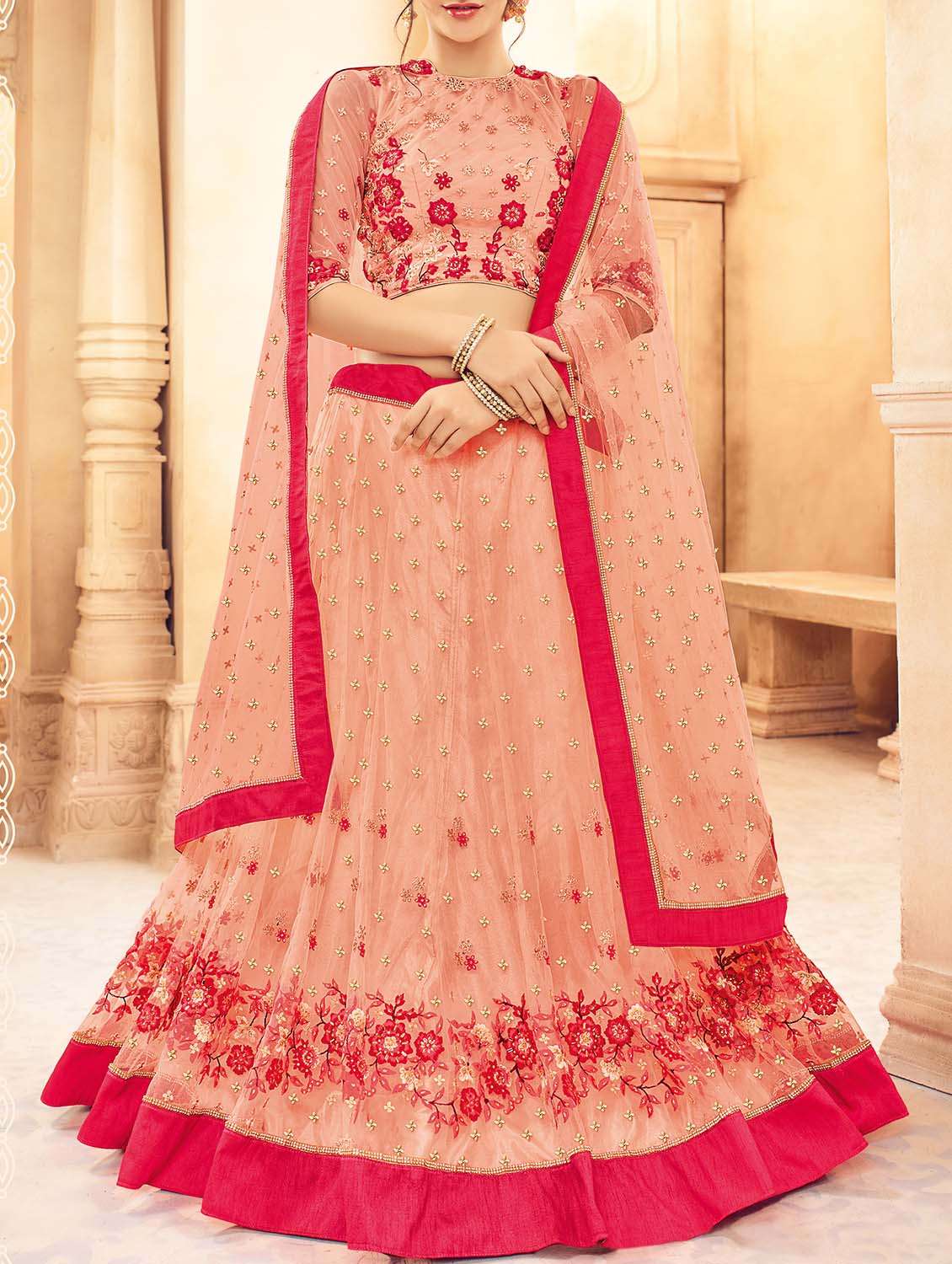 peach net panelled lehenga