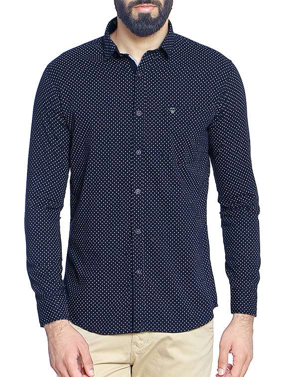 navy blue cotton blend casual shirt