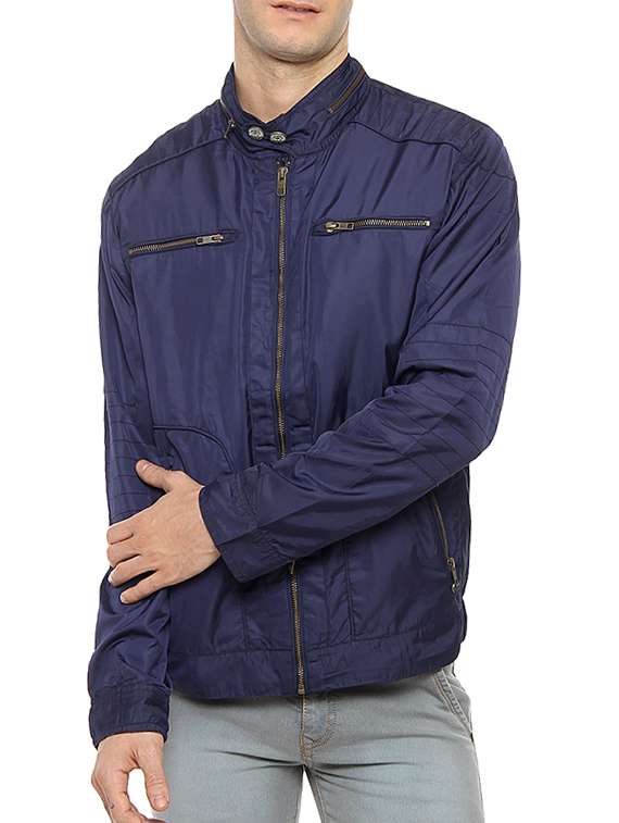 navy blue nylon blend bomber jacket