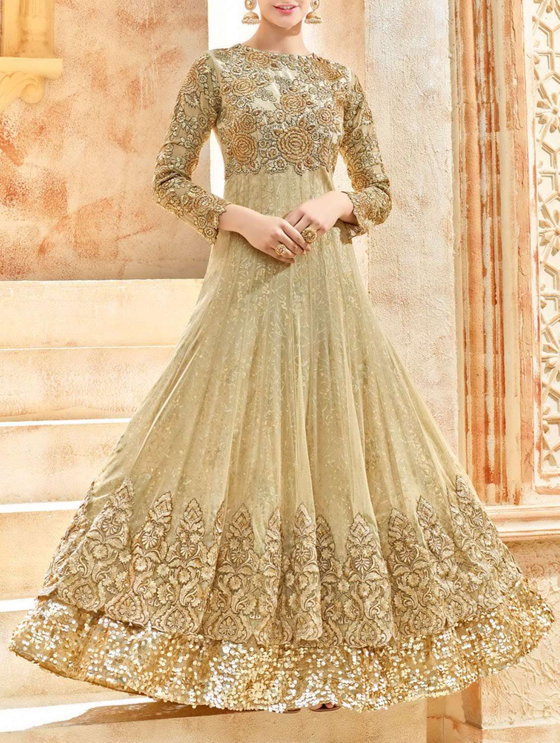 beige net semistitched suit