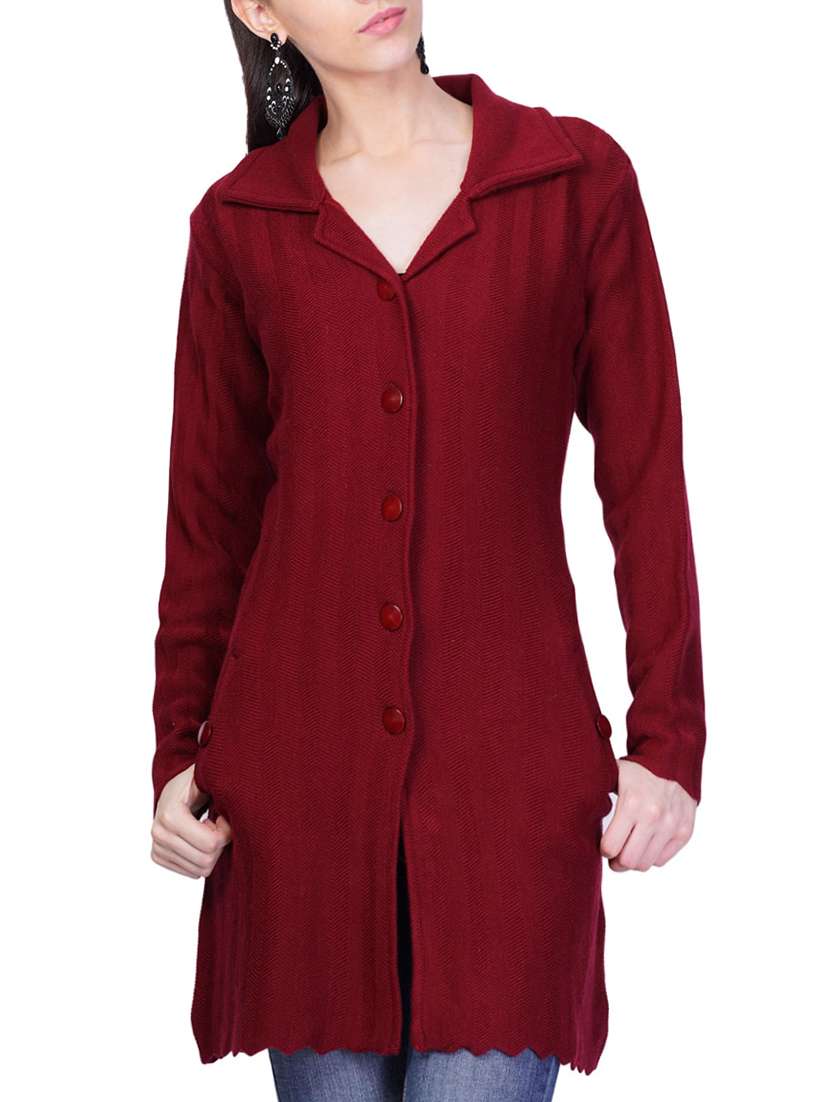 maroon self design full sleeves coatigan - 14491270 - Zoom Image - 0