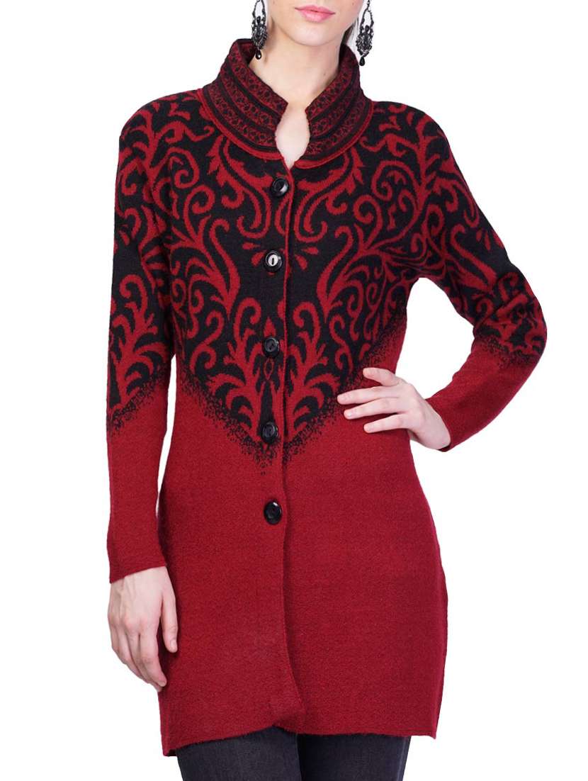 women maroon self design coatigan