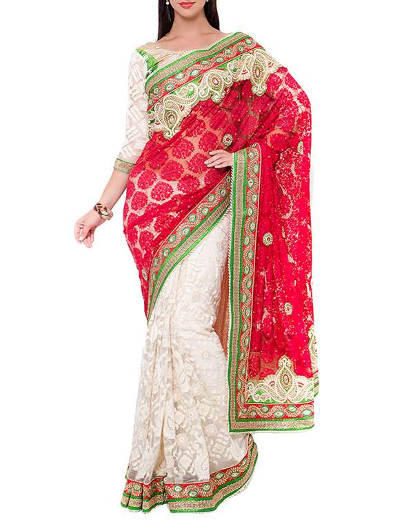 beige half and half  saree with blouse