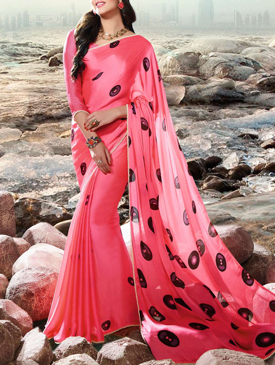 women's polka dots coral colored saree