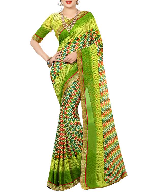 women's geometric green colored saree with blouse