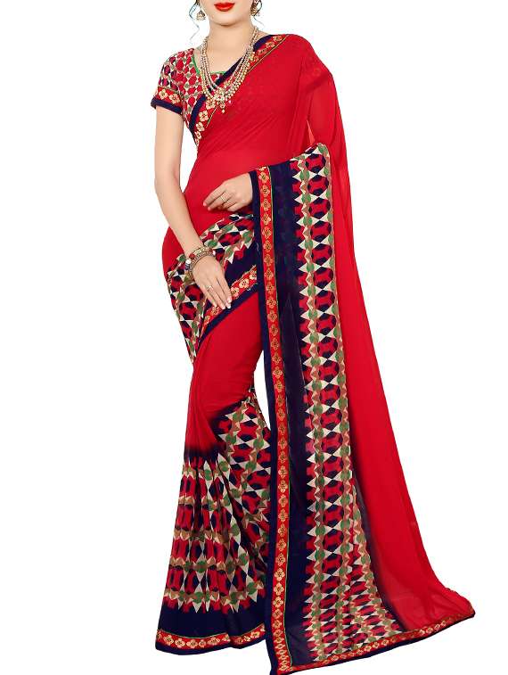 women's geometric red colored saree with blouse