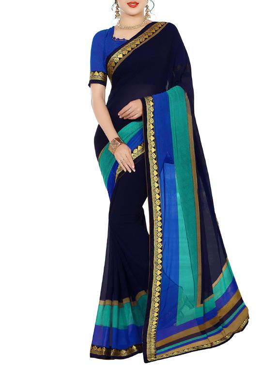 women's bordered navy blue colored saree with blouse - 14521104 -  Zoom Image - 0
