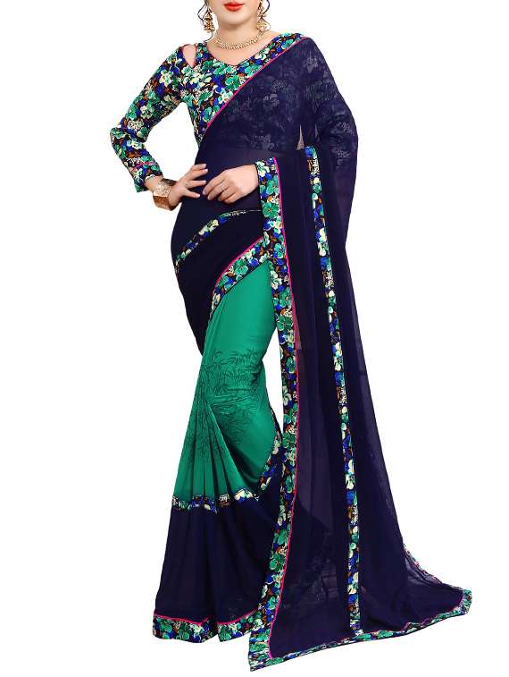 blue georgette half and half saree with blouse